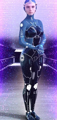 This phone live wallpaper showcases a futuristic woman in a digital suit standing on a bridge