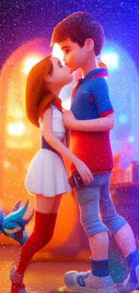 This phone live wallpaper showcases a low poly render of a couple sharing a kiss while skateboarding