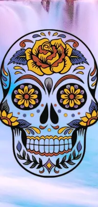 This phone live wallpaper boasts a vibrant sugar skull in front of a cascading waterfall, designed using vector art