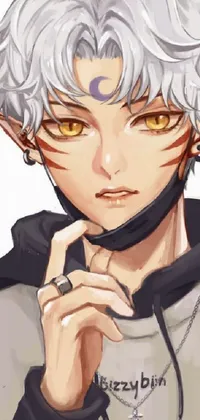 This phone live wallpaper depicts a humanoid character with a silvery skin tone and cute slanted eyes wearing a hoodie