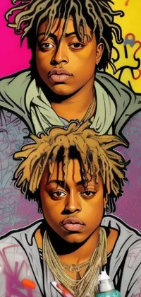 This lively phone wallpaper showcases a colorful vector art graffiti design of two young men with dreadlocks, providing an energetic and unique addition to your device's background