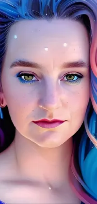 This phone live wallpaper features a striking portrait of a woman with multi-colored hair in the style of digital art