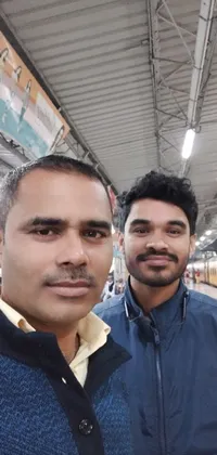 This phone live wallpaper depicts a portrait picture of two men standing in a train station