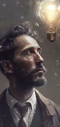 This stunning live wallpaper features a highly detailed and vibrant painting of a man with a light bulb hovering over his head