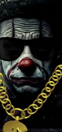This live wallpaper portrays a captivating close-up view of a clown restrained with a chain around the neck