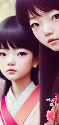 This lively phone live wallpaper features detailed digital art of two girls standing together alongside a closeup portrait shot of a Japanese girl