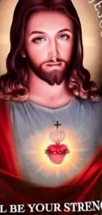 This stunning live wallpaper features an image of Jesus with a compassionate expression and the inspiring phrase "Happy Heart of Jesus I Will be Your Strength Fear Nothing" in white cursive below