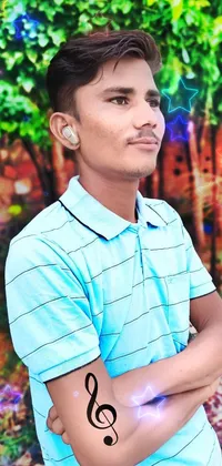 This live phone wallpaper features a male teenager wearing a blue shirt and sporting green-colored skin with a colorful, pictorial design
