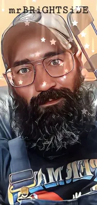 This phone live wallpaper showcases a bearded man in overalls and a hat for a unique and stylish design