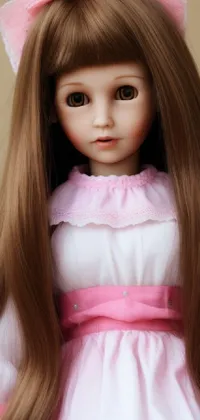 This live phone wallpaper is a high-detail close-up of a cute catgirl doll with long brown hair