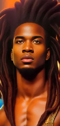 This stunning live wallpaper features a digitally painted man with long dreadlocks and an afro, with glowing lights illuminating his face