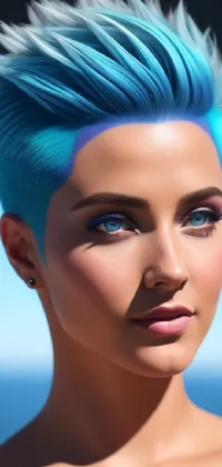This striking live wallpaper features a realistically rendered humanoid with blue hair