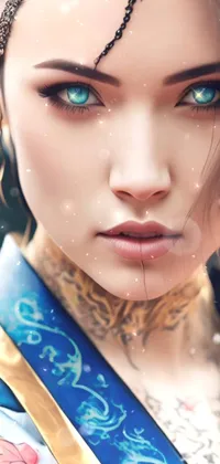 This captivating live phone wallpaper showcases a beautiful woman with striking blue eyes and intricate, glowing rune tattoos on her face