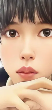 This phone live wallpaper features a stunning digital painting of a young Korean face with short hair
