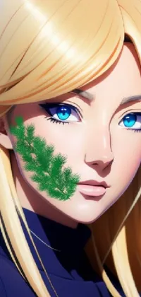 This phone live wallpaper showcases a green-painted woman with a blonde-anime-girl style having long hair, closed eyes, and red lips with neon lights in blue, pink, and green shades creating an electric atmosphere