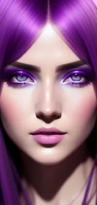This phone live wallpaper is a mesmerizing, close-up illustration of a beautiful anime woman with striking purple hair
