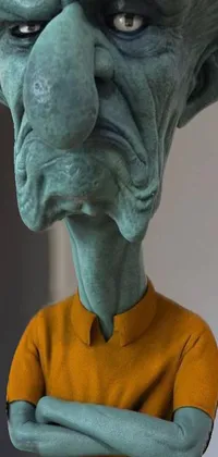 This live, phone wallpaper features a captivating close-up of a person wearing an alien head, along with a surrealist sculpture and a caricature of an old man