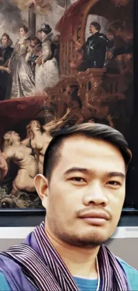 This phone live wallpaper showcases a man taking a selfie in front of a stunning painting, inspired by classic art and featuring bright, vibrant colors