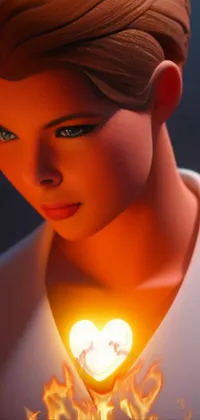 This phone live wallpaper features a stunning rendering of a woman with a glowing heart in her chest