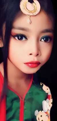 This mobile live wallpaper features a stunning close-up of a little elf girl dressed in a traditional Bihu mekhela sador