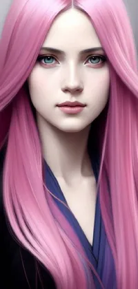 This phone live wallpaper features a beautiful digital art piece depicting a woman with pink hair and blue eyes