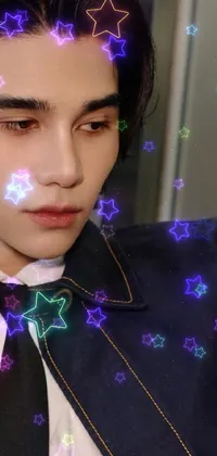 This phone live wallpaper features a striking close-up of a person wearing a tie, surrounded by a galaxy of twinkling stars
