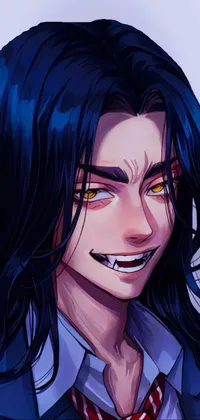 This live wallpaper features a close-up of a character wearing a suit and tie with long dark hair and a slasher smile