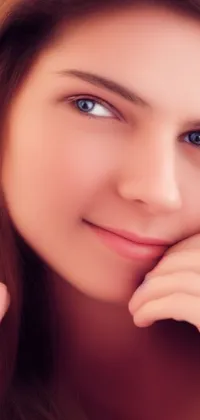 This live phone wallpaper features an image of a young woman with long, brown hair, posing for a photo with her hand on her chin and a soft smile on her face