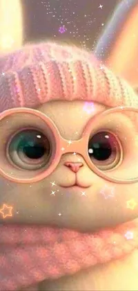 Introducing a unique and adorable live wallpaper for your phone! This digital rendering features a close-up of a cute cat wearing a hat and glasses