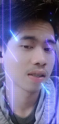 This phone live wallpaper showcases a realistic, close-up image of a young Asian person using their cell phone and wearing AirPods