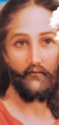 Looking for a heart-warming live wallpaper for your phone? Check out this stunning image of a long-haired and bearded Jesus Christ! This wallpaper is in vibrant VHS color quality with a welcoming Jesus presenting a close-up picture from 2022