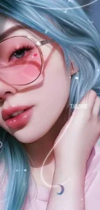 This phone live wallpaper depicts a female figure with blue hair and pink glasses in a digital painting style