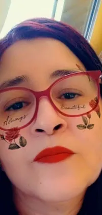 This live wallpaper showcases a striking female character with red glasses and face tattoos, surrounded by bold red roses