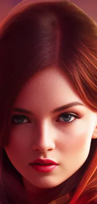 This phone live wallpaper showcases an exquisite vector art close-up of a striking woman with beautiful red hair