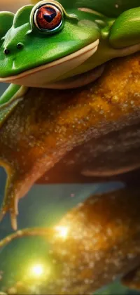 This phone live wallpaper features a close-up of a photorealistic green frog sitting on a rock
