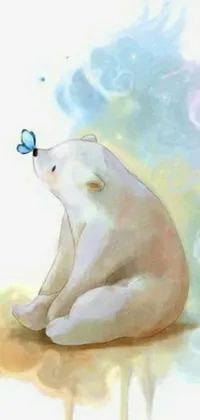 This stunning phone live wallpaper showcases an enchanting painting of a polar bear holding a butterfly in its mouth
