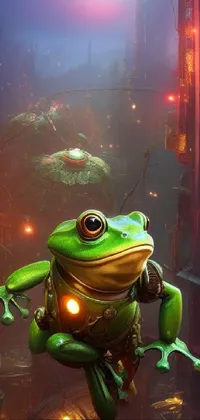 This phone live wallpaper showcases a stunningly detailed frog sitting in a vibrant tank filled with lush greenery and sparkling water, creating a peaceful ambiance