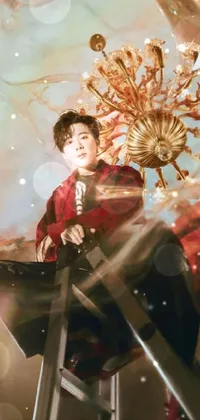 This stunning 3D live wallpaper depicts a young boy sitting on top of a metal chair, dressed in regal attire with intricate patterns in shades of red and gold