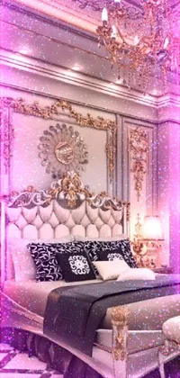 This live phone wallpaper showcases a lavish bedroom in a Baroque style, featuring a luxurious king-sized bed bordered by an ornate frame