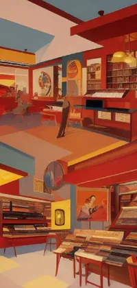 This live wallpaper showcases a colorful painting of a library, complete with shelves overflowing with books