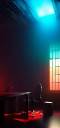 This phone live wallpaper features a dimly lit room with a desk and chair as the central focus