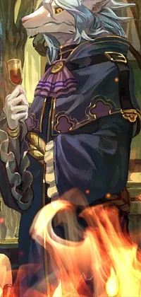 This phone live wallpaper showcases a stunning shin hanga-style portrait of a man holding a glass of wine, wrapped in silky purple and gold fabric