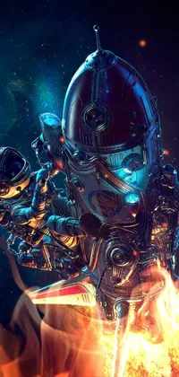This phone live wallpaper features a stunning cyberpunk art piece of a flying robot in space, designed with intricate 4k detail fantasy by a renowned artist
