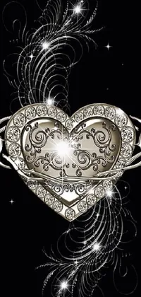 This phone live wallpaper features a silver heart on a black background, in modern vector art style