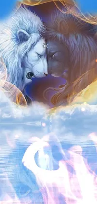 Get mesmerized by this phone live wallpaper featuring the magnificent sight of two white lions standing next to each other, surrounded by a backdrop of a dreamy mix of fire, water, and clouds