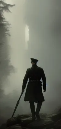 This live wallpaper features a stunning depiction of a man wearing a traditional kilt walking through a mysterious forest enveloped in fog