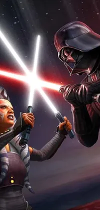 This live wallpaper features an action-packed scene with two figures facing off against the menacing Darth Vader