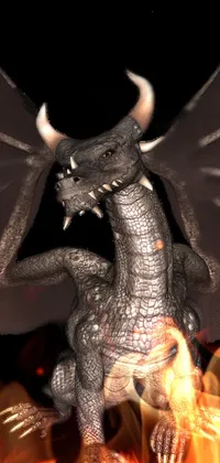 This fiery phone live wallpaper features a close-up view of a horned dragon in profile, rendered using raytracing techniques