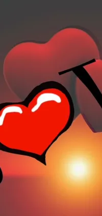 This live wallpaper features a romantic image of two hearts against a stunning sunset background