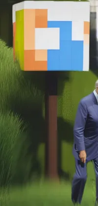 This phone live wallpaper showcases a dynamic pixel art animation featuring a man in a suit walking across a lush green field